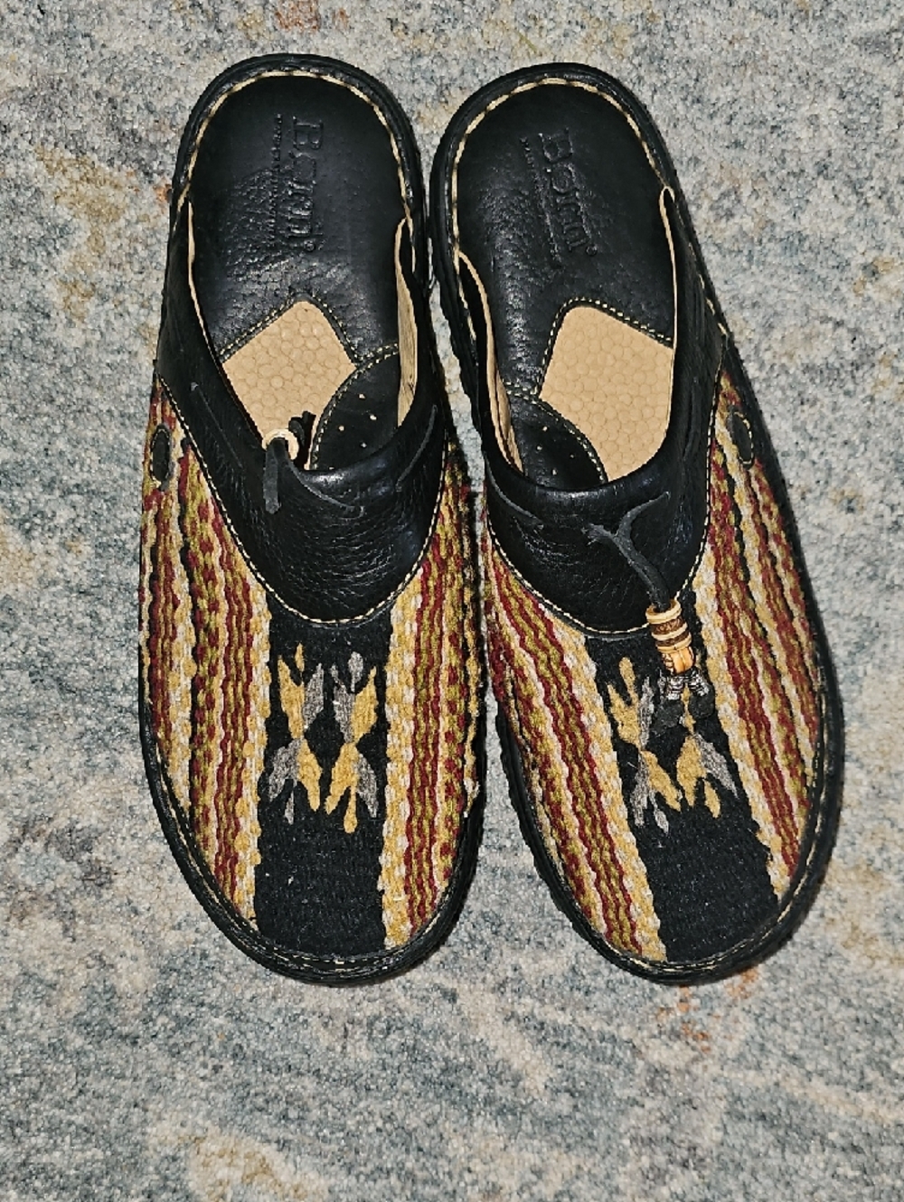Black Wool and Leather Mules Slides with Multicolor Woven Upper - Picture 2 of 5
